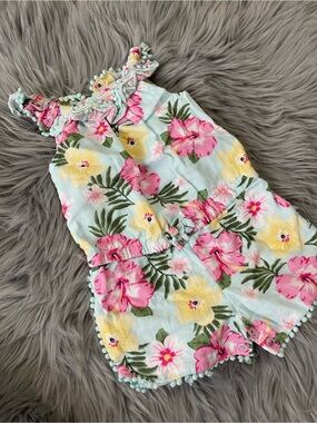 Little Me Baby Girls Tropical Floral Pom Pom Romper | 12 Months | Cotton